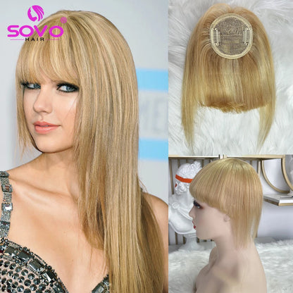 Clip-In Human Hair Bangs - Blunt Cut Fringe, Black, Brown, Blonde, 8.5x7.5cm