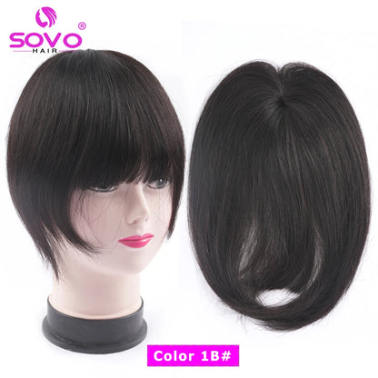 Clip-In Human Hair Bangs - Blunt Cut Fringe, Black, Brown, Blonde, 8.5x7.5cm