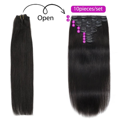 Instant Volume Clip-In Remy Human Hair Extensions - Deep Black, Sleek Straight, Double Weft #1B