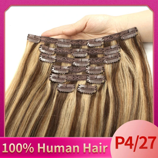 7-Piece Ombre Balayage Clip-In Human Hair Extensions - Light Brown to Honey