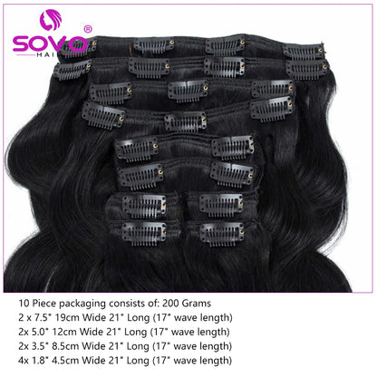 10-Pack Remy Human Hair Body Wave Clip-Ins - Natural Shades, 16-28 Inches, 200G