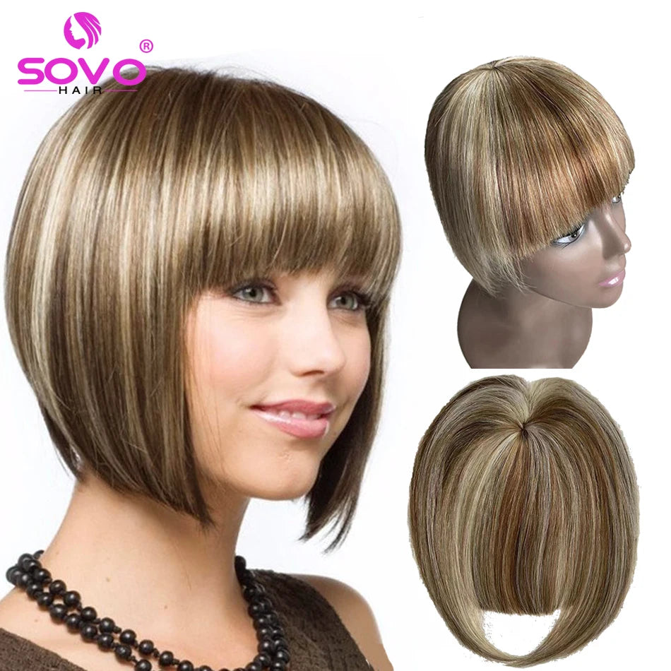 Clip-In Human Hair Bangs - Blunt Cut Fringe, Black, Brown, Blonde, 8.5x7.5cm