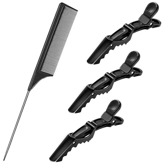 4-Piece Professional Black Hair Clip and Rat Tail Comb Set - Heat Resistant and Durable