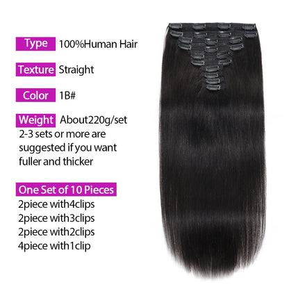 Instant Volume Clip-In Remy Human Hair Extensions - Deep Black, Sleek Straight, Double Weft #1B