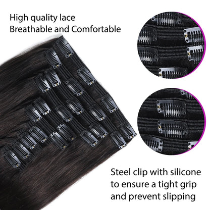 Instant Volume Clip-In Remy Human Hair Extensions - Deep Black, Sleek Straight, Double Weft #1B